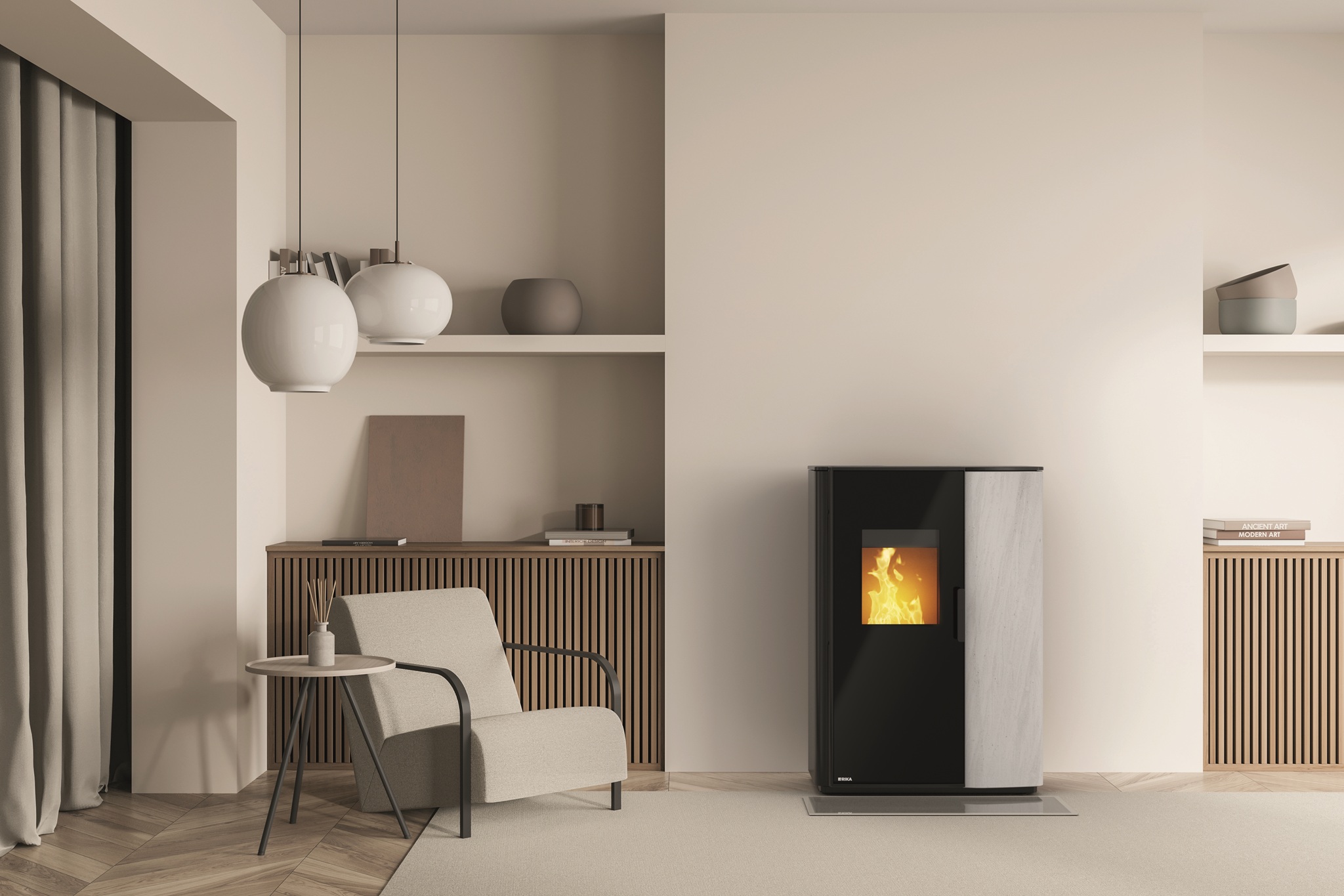 Beige living room interior, having symmetric niches with wood basement ledges, open shelves, curtains, a rug and two lamps over an armchair. Parquet. A concept of modern house design. 3d rendering